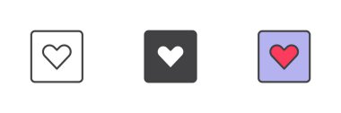 Ana hatlarıyla kare şeklinde bir kalp, katı ve renkli stiller. Aşk ya da favori için vektör kalp ikonu. Modern renk işareti ve sembol paketi.