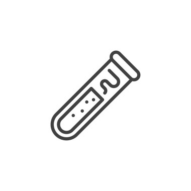 Test tüpü çizgisi simgesi. Kimyasal test tüpünün ana simge vektörü. Bu simge bilim, deney ve sınıf laboratuvar çizimlerine uyuyor..