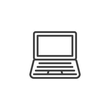 Dizüstü bilgisayar hattı simgesi. Açık bir dizüstü bilgisayarın taslak vektör simgesi. Bu simge e-öğrenme, çevrimiçi eğitim ve dijital çalışma temaları için uygundur..