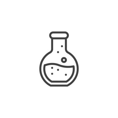 Kimya Matarası çizgi ikonu. Yuvarlak bir şişenin taslak ikon vektörü ve sıvı. Bu simge bilim eğitimi, laboratuvar kullanımı ve kimya deneylerine uyuyor.