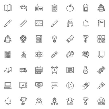 Eğitim ve Okul hattı simgesi seti. Taslak vektör sembolleri arasında kitap, sırt çantası, diploma, mikroskop, okul, takvim, çalar saat, madalya, karatahta, DNA ve daha fazlası gibi simgeler yer alıyor. Akademik temalar için mükemmel.