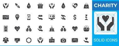 Sadaka katı glyph simge paketi. Vektör sembolleri arasında bağış, hediye, kalp elleri, kan damlası, çevrimiçi bağış, dolar işareti, kilise, kurdele ve tıp simgeleri yer alıyor..