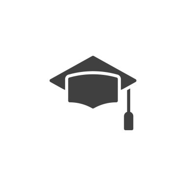 Mezuniyet şapkası katı kabartma simgesi. Cesur bir ikon tasarımlı tasmalı akademik başlık. Bu simge, okul tabelası ve başarı sembolü olarak ideal..