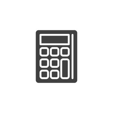 Hesaplayıcı matematik katı kabartma simgesi. Sayısal tuşları olan koyu bir simge. Bu simge bir matematik işareti ve eğitim aracı sembolü olarak kullanışlıdır.