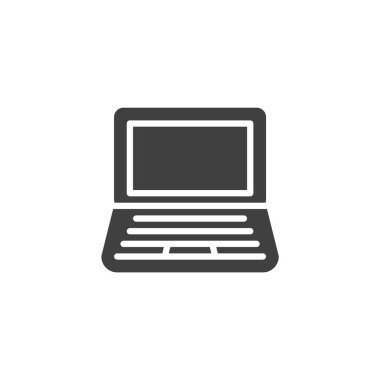 Dizüstü bilgisayar katı vektör simgesi. Açık bir dizüstü bilgisayarın simgesi. Bu simge dijital işaret kullanımı ve modern eğitim sembollerine uyuyor.
