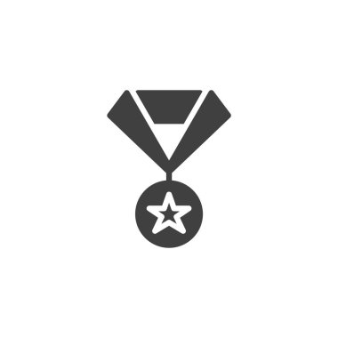 Yıldız katı vektör ikonuyla madalya. Bir yıldız ile dairesel bir madalya gösteren bir sembol. Bu simge başarı işareti ve akademik ödül sembolüne uyuyor.