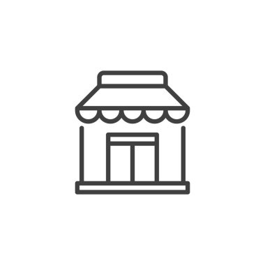 Taslak vektör biçiminde depo önü yapı çizgisi simgesi. Tenteli küçük bir dükkan ya da perakende satış mağazası gösteriyor. Mükemmel ticaret simgesi ve iş simgesi.