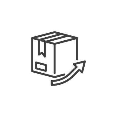 Posta kutusu çizgisi simgesi taslak vektör biçiminde. Oklu bir karton kutu gösteriyor. Teslimat ve ekommerce için bir paket simgesi ve ambalaj sembolü.