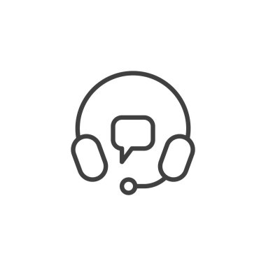 Müşteri desteği kulaklık çizgisi simgesi ana hatlı vektör biçiminde. Kulaklık takan birini gösteriyor. Hizmet için yardım simgesi ve iletişim simgesi.