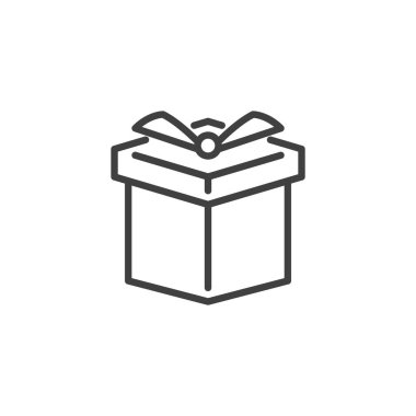 Taslak vektör biçiminde hediye kutusu simgesi. Hediyeleri, ödülleri ya da şenlikli ambalajları temsil eder. Alışveriş etkinlikleri için hediye simgesi ve kutlama sembolü.