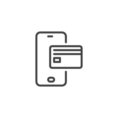 Taslak vektör biçiminde mobil cüzdan çizgisi simgesi. Akıllı telefonu kredi kartıyla gösteriyor, mobil ödemeyi sembolize ediyor. Dijital cüzdan simgesi ve aktarım simgesi.