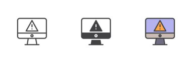 Bilgisayar monitörü, uyarı üçgeni simgesini düz ve dopdolu olarak gösteriyor. Uyarı iletisi veya sistem hata vektörü simgesi. Sembol kümesi paketi.