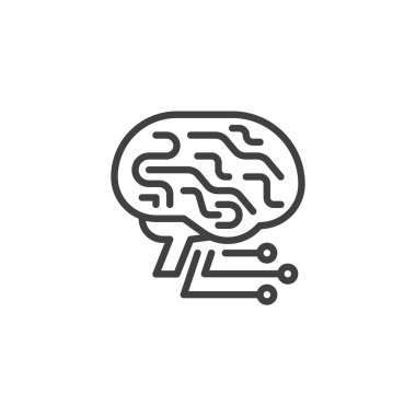 Bağlı çizgi simgesine sahip beyin. Basit sinirsel ağ ana hatları vektör simgesi. Bu teknoloji sembolü bir minimalist yapay zeka konsepti ikonu. Temiz vuruş tasarım vektör sembolü.