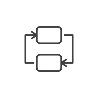 Yapay zeka sinirsel işlemeyi sembolize eden bağlı blokların çizgi simgesi. Yapay zeka mantığını ve veri akışını temsil eden ana hatlı vektör ikonu. Akıllı sistem simgesi.