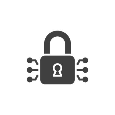 Asma kilit yapay zeka katı vektör simgesi. Kabartma şekli güvenli çipi gösteriyor. Bu katı simge dijital güvenlik için mükemmel, bir teknoloji koruma vektörü sembolü.