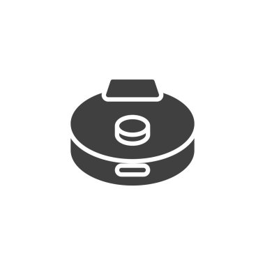 Robot katı vektör simgesi temizleniyor. Akıllı vakumun sembolü. Bu katı simge ev otomasyonunu, bir teknoloji vektör sembolünü ve aygıt simgesini temsil eder.