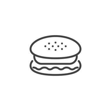 Hamburger çizgisi ikonu çörek, köfte ve marul gösteriyor. Taslak vektör simgesini temizle. Bu fast food simgesi kafeler, lokantalar ve menüler için harika..