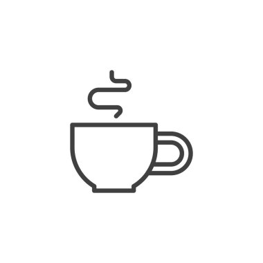 Buharlı sıcak kahve fincanı çizgisi simgesi. Taslak vektör simgesini stil et. Kafe içki sembolü ve içecek logosu. Bu simge kahvaltı ya da kahve dükkanı menüleri için idealdir.