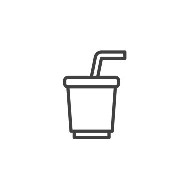 Saman ve fincanla meyve suyu ikonu. Taslak vektör simgesi tazeleniyor. İçecek sembolü ve sağlıklı logo. Yaz, meyve ve tropikal temalar için ideal.