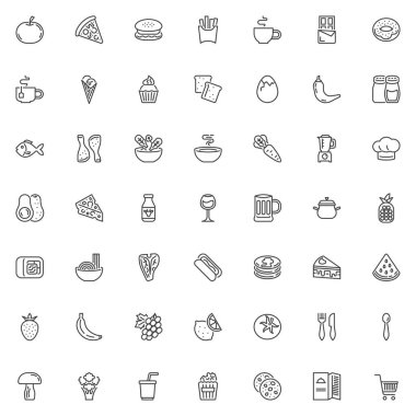 Yemek ve içecek hattı ikonu seti. Ana hatlı vektör sembollerinde pizza, hamburger, kahve, sosisli sandviç, kek, salata, erişte, havuç, avokado, bira, meyve suyu, karpuz ve menü simgeleri yer alıyor.