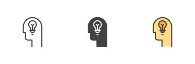 Farklı stillerde ampul ikonu olan insan kafası. Çizgi, katı ve ana hatlı vektör simgesi. Düşünme, fikir konsepti, yenilik sembolü. Vektör zihin simgesi.
