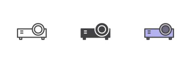 Mercek farklı biçim simgesine sahip projektör. Çizgi, kabartma ve renkli taslak simgesi içerir. Projektör vektör işareti, sunum sembolü ve ortam simgesi.
