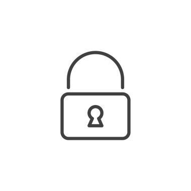 Asma kilit güvenlik çizgisi simgesi. Kilitli veriyi sembolize eden asma kilidin vektör ana hat simgesi. Bu simge net temsil için en az satır biçimini kullanır. Simge sembolü, logo dahil.