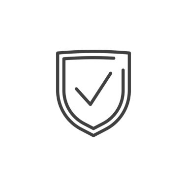Kalkan kontrol çizgisi simgesi. Kalkanın ana simgesini işaretle işaretle, onaylanmış korumayı simgeliyor. Temiz çizgi dizaynlı vektör sembolü. Güven kavramları için uygun simge.