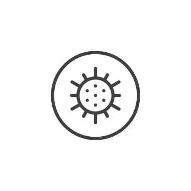 Virüs parçacık tehdit çizgisi simgesi. Dairesel bir virüs yapısının, dijital enfeksiyonları veya siber tehditleri sembolize eden bir simgesi. Antivirüs temaları için satır simgesi.