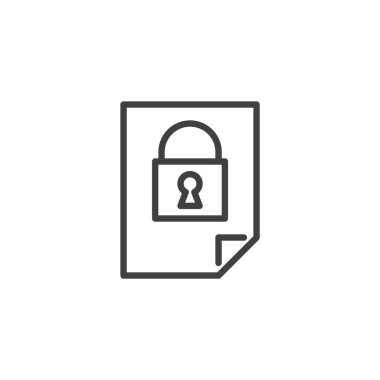 Veri şifreleme dosya satırı simgesi. Şifreli ya da güvenli dosyaları sembolize eden asma kilit ile korunan bir belgeyi gösteren ana simge simgesi. Dijital koruma için vektör satırı simgesi.