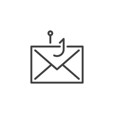 E- posta saldırı hattı simgesi oluşturuluyor. Sahte e-postaları ve sahtekarlıkları sembolize eden kancalı bir zarfın ana simgesi. Siber güvenlik uyarıları için satır biçimi vektör simgesi. Simge simgesi uyarısı.