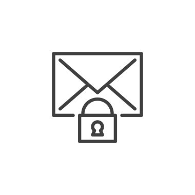 Güvenli e-posta asma kilit satırı simgesi. Kilitli, korunan iletişim ve mahremiyeti temsil eden bir zarf simgesi. Mesajlaşma uygulamaları için uygun vektör satırı simgesi. Simge simgesi grafiği.