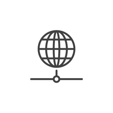 Ağ güvenliği dünya çizgisi simgesi. Güvenli düğümlere bağlı güvenli dijital bağlantıyı sembolize eden bir kürenin ana simgesi. Güvenli ağlar için satır vektör simgesi.