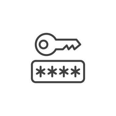 Güvenlik anahtarı kimlik doğrulama çizgisi simgesi. Donanım doğrulamasını sembolize eden dijital anahtarın ana simgesi. Güvenli erişim için çizgi vektör simgesi. Mahremiyet simgesi.