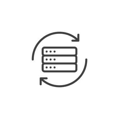 Veri yedekleme ok çizgisi simgesi. Veritabanı etrafındaki dairesel okların ana vektör ikonu, güvenli veri yedeklemesini ve kurtarmayı simgeliyor. Satır biçiminde simge.