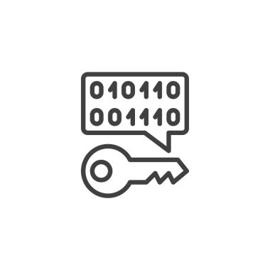 Şifreleme anahtar satırı simgesi. İkili kodlu bir anahtarın ana simgesi, veri şifrelemeyi ve güvenli erişimi sembolize ediyor. Kimlik doğrulama için vektör satırı simgesi kullanılıyor. Dijital güvenlik için simge.