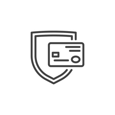 Kredi kartı ikonunun güvenliğini sağlayın. Güvenli çevrimiçi işlemleri temsil eden, kalkanı veya asma kilidi olan bir kartın ana vektör simgesini belirle. Mali koruma için simge.