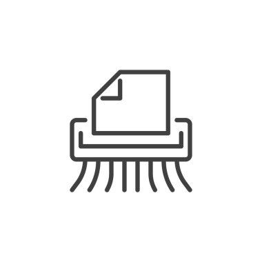 Veri parçalama dosya imha çizgisi simgesi. Dijital dosyaların güvenli bir şekilde imha edilmesini sembolize eden bir belgenin ana simgesi. Vektör satırı biçiminde simge.