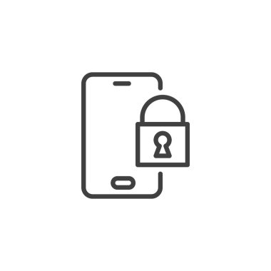Güvenli mobil aygıt hattı simgesi. Mobil veri korumasını temsil eden asma kilitli akıllı telefonun ana simgesi. Güvenlik ve gizlilik uygulamaları için vektör satırı simgesi.