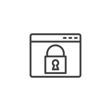 Güvenli web tarayıcı satırı simgesi. Koruma altındaki internet kullanımını sembolize eden asma kilitli bir tarayıcı penceresinin ana simgesi. Çevrimiçi gizlilik için vektör satırı simgesi.