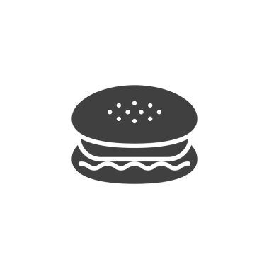 Hamburger katı glyph simgesi, çörek, köfte ve dolgu malzemelerini gösteriyor. Bu kalın vektör ikonu harika bir yiyecek işareti ve atıştırmalık sembolüdür. Fast food markası ve menüler için ideal..
