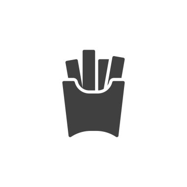 Klasik bir kabın içinde patates kızartması katı kabartma simgesi. Bu vektör simgesi abur cubur tasarımları için idealdir. Eğlenceli bir abur cubur ve fast food kabartması..