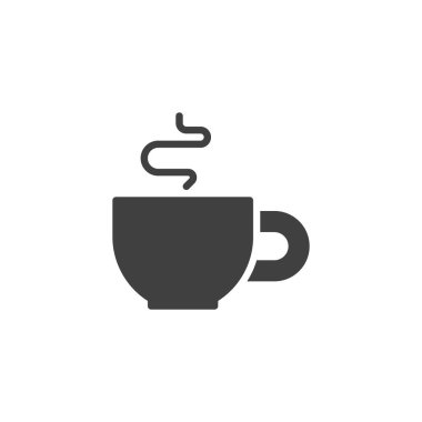Sıcak kahve fincanı, yükselen buharlı kabartma sembolü. Kafe içecek sembolü için şık bir vektör simgesi. Bu içecek ikonu sıcak menüler ve tasarımlar için mükemmeldir..