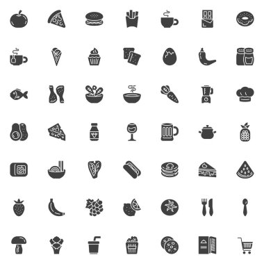 Gıda ve içecek katı kabartma simgesi seti. Vektör paketinde pizza dilimi, hamburger, patates kızartması, kek, salata, bira kupası, hot dog, gözleme, çorba kasesi ve blender sembolü gibi simgeler yer alıyor..