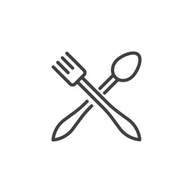 Restoran çatalı ve bıçak hattı ikonu. Yemek için taslak vektör simgesi. Bu ikon bir gıda sembolü ve seyahat ile ilgili yemek ikonu.