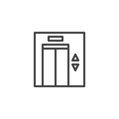 Asansör kapısı simgesi. Yukarıya ve aşağıya ok sallayan bir taslak simgesi. Bu seyahat simgesi tesislerdeki dikey taşımacılık için bir semboldür.