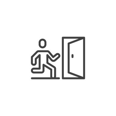 Acil çıkış çizgisi simgesi. Çalışan bir figür ve kapı aralığının ana simgesi. Bu vektör simgesi güvenlik ve seyahat tahliye güzergahının sembolüdür.