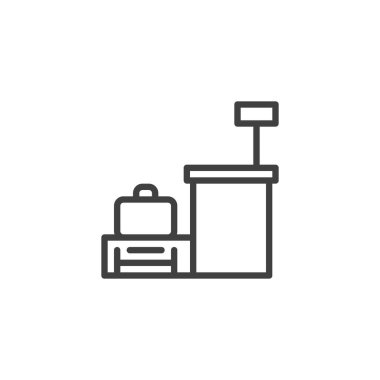 Kayıt masası satırı simgesi. Giriş sırasında bir sayaç veya bavulun ana vektör simgesini çiz. Bu simge ziyaretçiler ve misafirperverlik için bir seyahat sembolü..