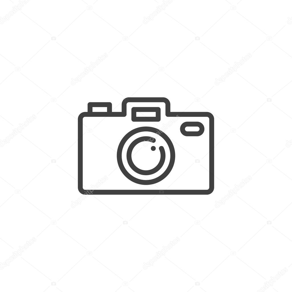 Camera photography line icon. Outline vector icon of a compact camera. This icon is a symbol for photos, memories, and tourist imagery.