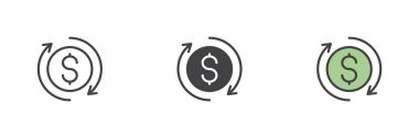 Yuvarlak ok ikonuna sahip dolar sembolü. Çizgi, sağlam ve taslak şeklinde. Para birimi değişimi, bankacılık işlemi ve finans simgesi paketi.